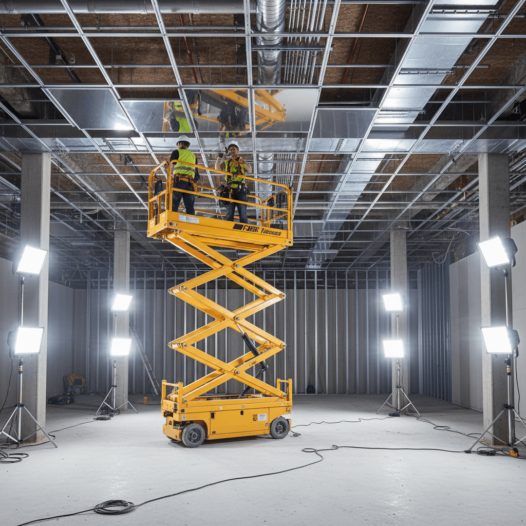 Instalasi plafon dengan scissorlift dalam ruangan